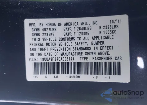 2012 Acura Tl 3.7 z USA, uszkodzony, nr VIN 19UUA9F27CA005174